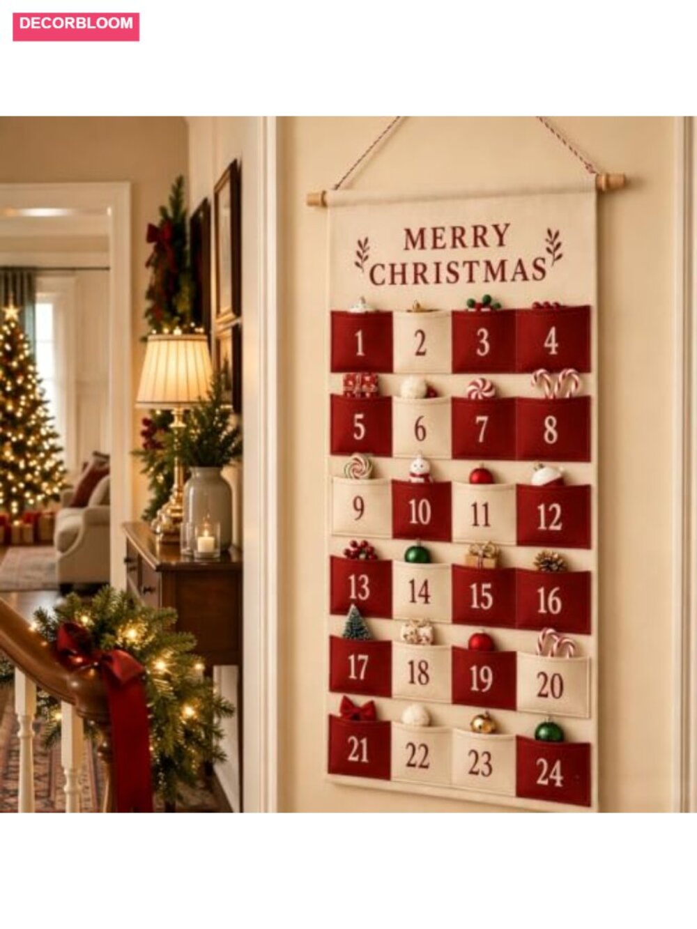 40x20 Inch Christmas Advent Calendar 24 Pockets DIY Wall Hanging Fabric